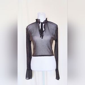 Boohoo Ruffle Collar Tie Neck Flared Sleeve Mesh Top Blouse Size 6 Black Gold